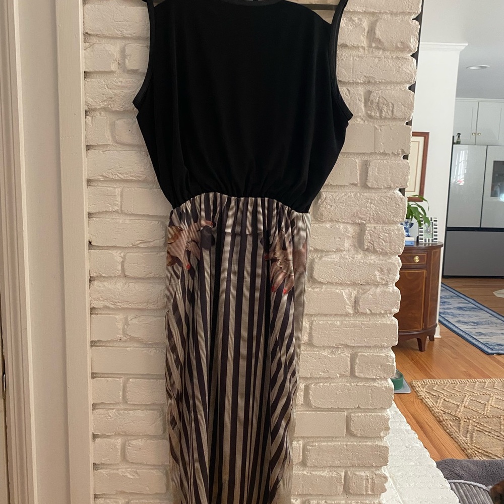 Vintage Venera Arapu Black and Striped Silk-Poly Midi Dress